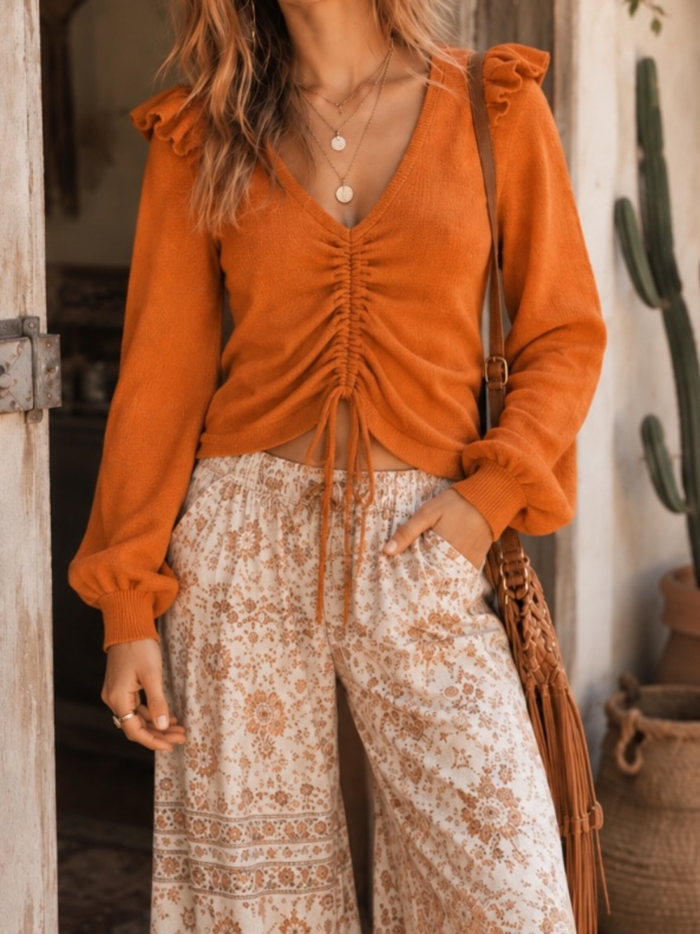 Sugarlips Soft Ruffle Ruched Drawstring Boho Sweater